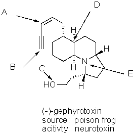 What is the hybridization of the each of the labeled atoms for the potent neurotoxin (-) -gephyrotoxin?   A)  A = sp<sup>2</sup>,B = sp,C = sp<sup>2</sup>,D = sp<sup>3</sup>,E = sp<sup>3</sup> B)  A = sp<sup>2</sup>,B = sp,C = sp<sup>3</sup>,D = sp<sup>3</sup>,E = sp<sup>2</sup> C)  A = sp<sup>2</sup>,B = sp,C = sp<sup>2</sup>,D = sp<sup>3</sup>,E = sp<sup>2</sup> D)  A = sp<sup>2</sup>,B = sp,C = sp<sup>3</sup>,D = sp<sup>3</sup>,E = sp<sup>3</sup> E)  A = sp,B = sp,C = sp<sup>3</sup>,D = sp<sup>3</sup>,E = sp<sup>3</sup>
