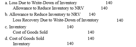 Given the following information for the Tea Company:    Under the periodic system, if the allowance method of recording lower of cost or market is in use, which December 31, 2020 entry is correct?  