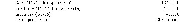 The Sahara Company's inventory was partially destroyed on June 4, 2016, when its warehouse caught on fire early in the morning. Inventory that had a cost of $8,000 was saved. The accounting records, which were located in a fireproof vault, contained the following information:   Using the gross profit method, what is the estimated cost of the inventory destroyed by the fire? A)  $130,,000 B)  $48,000 C)  $39,000 D)  $30,000