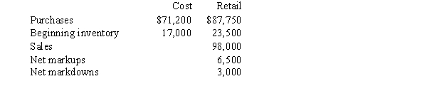 Laura's Department Store uses the average cost retail inventory method to determine its ending inventory. The accounting records for the current year for Laura's contained the following information:    In addition, the accounting records for Laura's disclosed that purchases returns at cost and retail were $1,950 and $4,250, respectively. What is the cost-to-retail percentage to be used for ending inventory calculations? A)  75.1% B)  79.8% C)  76.8% D)  78.1%