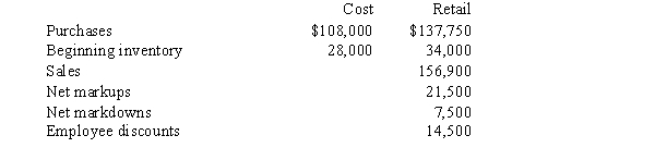 Caroline's Music Store uses the average cost retail inventory method to determine its ending inventory. The accounting records for the current year for Caroline's contained the following information:    What is the cost-to-retail percentage to be used for ending inventory calculations? A)  70.0% B)  73.2% C)  79.4% D)  77.8%