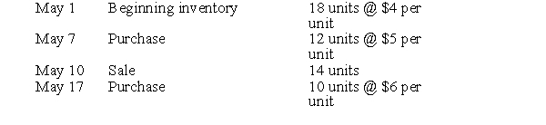 Given the following information for Goode Company:   May 19 Sale 4 units Required: Answer the following questions for Goode Company:  a. If FIFO is in use, what is the total ending inventory in dollars? b. If perpetual LIFO is in use, what is the cost of goods sold for the month? c. If weighted average is in use, what is the ending inventory? d. If moving average is in use, what is the cost per unit sold for the May 10 sale?