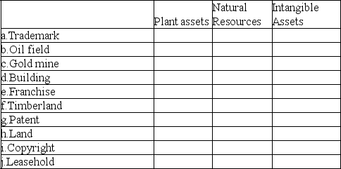 Identify the balance sheet classification of each of the following assets by placing an X in the correct classification: Plant Assets,Natural Resources,or Intangibles.   