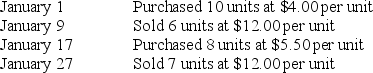 A company had the following purchases and sales during its first month of operations:   Using the Periodic weighted average method,what is the value of cost of goods sold? (Round weighted average cost per unit to 2 decimal places,and final answer to the nearest whole dollar.)  A) $84. B) $61. C) $23. D) $27. E) $5.