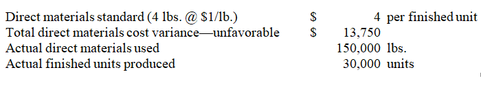 Georgia,Inc.has collected the following data on one of its products.The actual cost of direct materials used is:   A) $133,750. B) $150,000. C) $106,250. D) $158,750. E) $120,000.