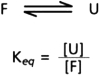 Typical folded proteins have a stability ranging from 7 to 15 kcal/mole at 37°C.Stability is a measure of the equilibrium between the folded (F) and unfolded (U) forms of the protein.For a protein with a stability of 7.1 kcal/mole, calculate the fraction of protein molecules that would be unfolded at equilibrium at 37°C.The equilibrium constant (K<sub>eq</sub>) is related to the standard free energy (ΔG°) by the equation K<sub>eq</sub> = 10<sup>−</sup><sup>Δ</sup><sup>G</sup><sup>°/1.42</sup>.   Figure 4-56<div style=padding-top: 35px> 