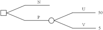 A decision maker has developed the following decision tree. How sensitive is the choice between N and P to the probabilities of states of nature U and V?  