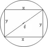 The strength of a beam with a rectangular cross section varies directly as x and as the square of y. What are the dimensions of the strongest beam that can be sawed out of a round log whose diameter is d = 27 inches? See figure on right.  