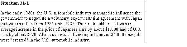   -Refer to Situation 31-l. At the time the total yearly salary (including all the benefits)  of the average auto worker was no more than $50,000 per year, and the cost per job saved was estimated at $160,000 per worker per year. We can conclude that A) import quotas are a cost-efficient way of saving jobs. B) the U.S.auto industry, through its lobbying efforts, managed to promote the general public interest. C) the net social benefits of import quotas were positive. D) all of the above E) none of the above