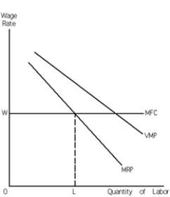 Exhibit 27-6 ​    -Refer to Exhibit 27-6. L and W are the equilibrium quantity of labor employed and the wage rate respectively. A person arguing that a worker is being exploited if she is paid less than the value of her marginal product would say that the exhibit is an illustration of the fact that A) perfect competition entails labor exploitation. B) monopoly entails labor exploitation. C) monopoly entails no labor exploitation. D) monopsony entails labor exploitation. E) monopsony entails no labor exploitation.