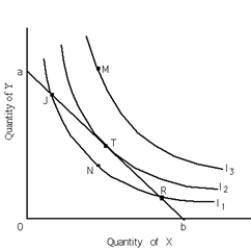 Exhibit 20-6 ​    -Refer to Exhibit 20-6. I<sub>1</sub>, I<sub>2</sub> and I<sub>3</sub> are indifference curves and line ab is the relevant budget constraint. If the consumer is initially at point R, he should A) strive for point N by obtaining a larger money income. B) purchase more of X and less of Y. C) remain at that point in order to maximize utility. D) purchase more of Y and less of X. E) none of the above