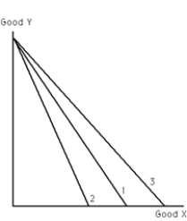 Exhibit 20-8 ​    -Refer to Exhibit 20-8. A move of the budget constraint from 1 to 2 is caused by a A) rise in the price of good X. B) fall in the price of good X. C) rise in the price of good Y. D) fall in income.