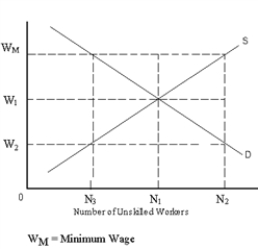 Exhibit 4-7    -Refer to Exhibit 4-7. The number of unskilled workers who want to work at the minimum wage is A) N<sub>3</sub>. B) N<sub>1</sub>. C) N<sub>2</sub>. D) N<sub>2</sub> - N<sub>1</sub>.