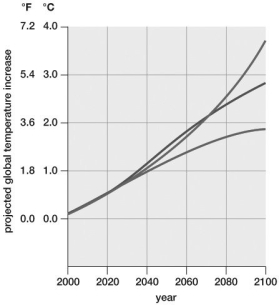This graph, based on IPCC estimates, predicts that global temperatures may rise as much as ________ above the average baseline by 2100.   A) 1°C B) nearly 2°C C) 2) 5°C D) 3°C E) nearly 4°C