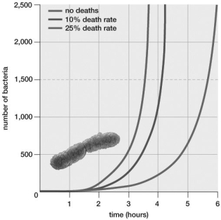   -According to the graph, how long does it take the population of organisms represented by the middle line to reach 1,000 bacteria? A) 2 hours B) 3 hours C) 4 hours D) 5 hours E) 6 hours