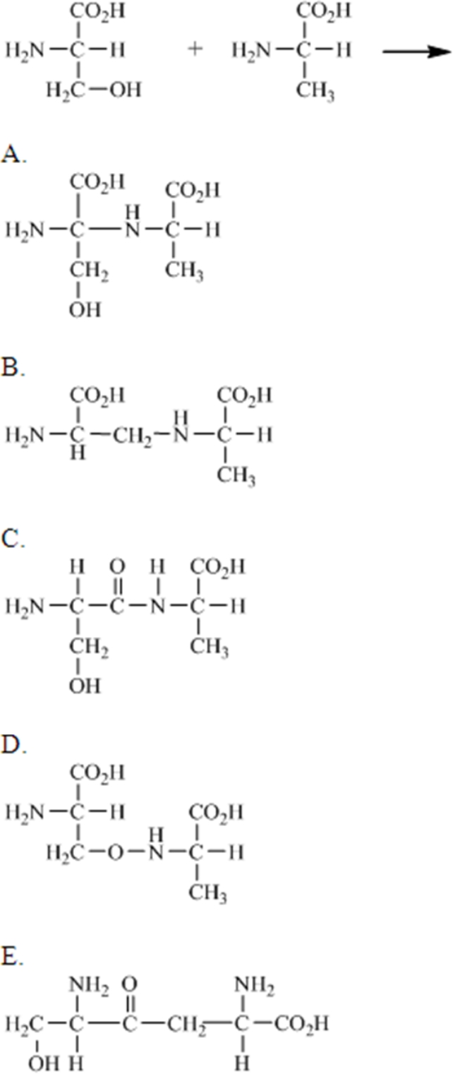 Which of the following correctly shows the product of the reaction between serine and alanine?   A) A B) B C) C D) D E) E