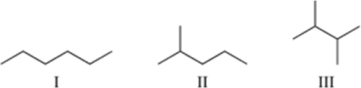 Arrange the alkanes in the figure in order of increasing boiling point.   A) I < II < III B) I < III < II C) II < I < III D) II < III < I E) III < II < I