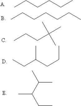 Select the line drawing for 2,3-dimethylpentane.   A) A B) B C) C D) D E) E