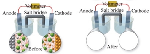  The figure shows a molecular-level representation of the following voltaic cell: Fe(s)  + Ni<sup>2+</sup>(aq)   \rightarrow Fe<sup>2+</sup>(aq)  + Ni(s)  When drawing the  after  representation one would note that:   A) the nickel electrode will be smaller. B) the iron electrode will be larger. C) the number of Ni<sup>2+</sup> ions in solution will decrease. D) deposits will form in the salt bridge. E) the number of Fe<sup>2+</sup> ions in solution will remain constant. 