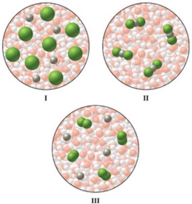 Which of the diagrams in the figure best represents an aqueous solution of MgCl<sub>2</sub>?   A) I B) II C) III D) either I or III E) none of these is correct