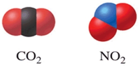 Of the two molecules shown in the figure, one would expect that CO<sub>2</sub> has a higher boiling point than NO<sub>2</sub> because CO<sub>2</sub> is linear and nonpolar.  