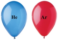 The two balloons shown in the figure have the same volume, and are at the same temperature and pressure.Which balloon has the greater number of gas particles, and why?   A) The Ar balloon has fewer molecules than the He balloon. B) The density of the Ar balloon is greater than the density of the He balloon. C) The mass of the He balloon is greater than the mass of the Ar balloon. D) The CO<sub>2</sub> balloon is more buoyant than the O<sub>2</sub> balloon. E) The He balloon has fewer moles than the He balloon.