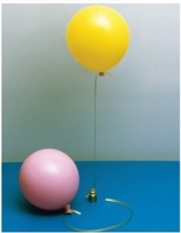 The figure shows two balloons.They are at the same temperature and pressure, and contain equal volumes of gas, but one is floating, and the other is not.Suggest a possible composition for the contents of the balloons.   A) The floating balloon contains CO<sub>2</sub>, while the other contains SO<sub>2</sub>. B) The floating balloon contains SO<sub>2</sub>, while the other contains CO<sub>2</sub>. C) The floating balloon contains Ne, while the other contains CO<sub>2</sub>. D) The floating balloon contains Ar, while the other contains He. E) None of these answers could be correct.