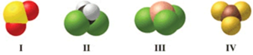 Which of the molecules in the figure are polar? (Assume that the bonds are all polar.)    A) I, II, and III B) I, II, III, and IV C) II, III, and IV D) I, II, and IV E) I, III, and IV