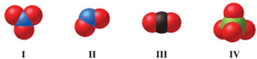 Which of the molecules in the figure has unshared electron pairs on the central atom?   A) I, II, and III B) I and II C) I, III, and IV D) II only E) not enough information