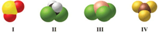 Which of the molecules in the figure has unshared electron pairs on the central atom?   A) II and III B) I and III C) I, II, and III D) I, II, III, and IV E) not enough information