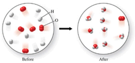  Which of the following is the best (simplest)  balanced equation to represent the chemical reaction shown in the figure on any scale?   A) 16H + 10O \rightarrow  16H + 10O B) 16H + 10O  \rightarrow 8H<sub>2</sub>O + O<sub>2</sub><sub> </sub> C) 8H<sub>2</sub> + 5O<sub>2</sub>  \rightarrow 8H<sub>2</sub>O + O<sub>2</sub><sub> </sub> D) 2H<sub>2</sub> + O<sub>2</sub>  \rightarrow 2H<sub>2</sub>O E) 4H<sub>2</sub> + 2O<sub>2</sub>  \rightarrow 4H<sub>2</sub>O 