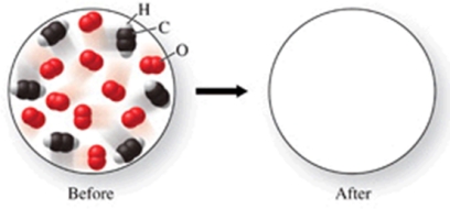  The figure shows a molecular-level diagram of reactant molecules for the reaction: 2C<sub>2</sub>H<sub>2</sub>(g) <sub> </sub>+ 5O<sub>2</sub>(g)   \rightarrow  4CO<sub>2</sub>(g)  + 2H<sub>2</sub>O(g)    List the number and formulas of the molecules that should be present after the reaction takes place. A) 4CO<sub>2</sub> + 2H<sub>2</sub>O B) 4CO<sub>2</sub> + 2H<sub>2</sub>O + 2C<sub>2</sub>H<sub>2</sub><sub> </sub> C) 4CO<sub>2 </sub>+ 2H<sub>2</sub>O + 2C<sub>2</sub>H<sub>2 </sub>+ 5O<sub>2</sub><sub> </sub> D) 6CO<sub>2 </sub>+ 3H<sub>2</sub>O + 3O<sub>2</sub><sub> </sub> E) 8CO<sub>2 </sub>+ 4H<sub>2</sub>O + 2C<sub>2</sub>H<sub>2</sub><sub> </sub> 