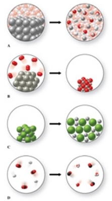 The gases carbon dioxide and hydrogen can react together to form carbon monoxide gas and water vapor.Which of the diagrams in the figure could be used to represent this reaction?   A) D B) A C) B D) none of these E) C