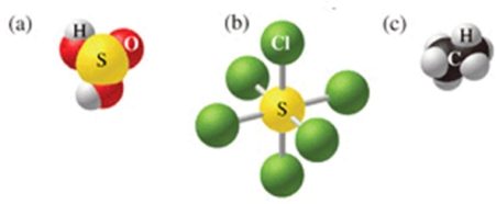 Which of the following sets of formulas is correct for the molecules in the figure?   A) H<sub>2</sub>SO<sub>3</sub>, SCl<sub>5</sub>, C<sub>2</sub>H<sub>5</sub><sub> </sub> B) H<sub>2</sub>SO<sub>4</sub>, SCl<sub>5</sub>, C<sub>2</sub>H<sub>5</sub><sub> </sub> C) H<sub>2</sub>SO<sub>4</sub>, SCl<sub>6</sub>, C<sub>2</sub>H<sub>6</sub><sub> </sub> D) H<sub>2</sub>SO<sub>4</sub>, SCl<sub>6</sub>, CH<sub>6</sub><sub> </sub> E) H<sub>2</sub>SO<sub>3</sub>, SCl<sub>6</sub>, C<sub>2</sub>H<sub>6</sub><sub> </sub>