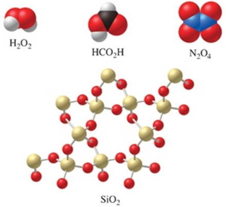 Which of the molecules in the figure have an empirical formula that is different from their molecular formula?   A) H<sub>2</sub>O<sub>2,</sub> N<sub>2</sub>O<sub>4, </sub>and HCO<sub>2</sub>H B) SiO<sub>2</sub><sub> </sub> C) H<sub>2</sub>O<sub>2</sub> and N<sub>2</sub>O<sub>4</sub><sub> </sub> D) all of the compounds E) none of the compounds