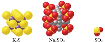 Which of the substance(s)  shown in the figure is ionic?   A) K<sub>2</sub>S B) Na<sub>2</sub>SO<sub>4</sub><sub> </sub> C) SO<sub>2</sub><sub> </sub> D) Both Na<sub>2</sub>SO<sub>4</sub> and SO<sub>2</sub><sub> </sub> E) Both K<sub>2</sub>S and Na<sub>2</sub>SO<sub>4</sub>