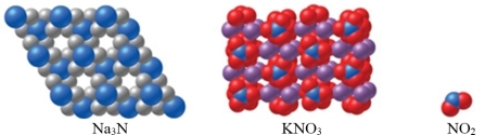 Which of the substance(s)  shown in the figure is molecular?   A) Na<sub>3</sub>N B) KNO<sub>3</sub><sub> </sub> C) NO<sub>2</sub><sub> </sub> D) Both Na<sub>3</sub>N and KNO<sub>3</sub><sub> </sub> E) Both KNO<sub>3</sub> and NO<sub>2</sub><sub> </sub>