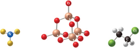 The correct formulas for the compounds in the figure are:   A) NF<sub>3</sub>, P<sub>4</sub>O<sub>10</sub>, C<sub>2</sub>H<sub>4</sub>C<sub>l2</sub><sub> </sub> B) NF<sub>3</sub>, P<sub>4</sub>O<sub>8</sub>, C<sub>2</sub>H<sub>4</sub>C<sub>l2</sub><sub> </sub> C) NF<sub>3</sub>, P<sub>4</sub>O<sub>10</sub>, C<sub>2</sub>H<sub>2</sub>C<sub>l4</sub><sub> </sub> D) NF<sub>4</sub>, P<sub>3</sub>O<sub>10</sub>, C<sub>2</sub>H<sub>2</sub>C<sub>l4</sub><sub> </sub> E) NF<sub>4</sub>, P<sub>3</sub>O<sub>10</sub>, C<sub>2</sub>H<sub>2</sub>C<sub>l2</sub><sub> </sub>