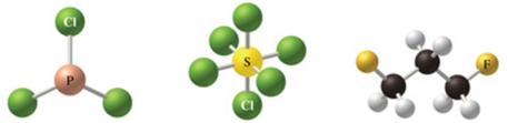 The correct formulas for the compounds in the figure are:   A) Cl<sub>3</sub>P, Cl<sub>6</sub>S, C<sub>3</sub>H<sub>2</sub>F<sub>6</sub><sub> </sub> B) PCl<sub>3</sub>, SCl<sub>6</sub>, C<sub>3</sub>H<sub>6</sub>F<sub>2</sub><sub> </sub> C) PCl<sub>3</sub>, SCl<sub>4</sub>, C<sub>3</sub>H<sub>6</sub>F<sub>3</sub><sub> </sub> D) P<sub>3</sub>Cl, S<sub>6</sub>Cl, C<sub>3</sub>H<sub>6</sub>F<sub>2</sub><sub> </sub> E) PCl<sub>3</sub>, SCl<sub>8</sub>, C<sub>3</sub>H<sub>6</sub>F<sub>2</sub><sub> </sub>