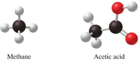 Methane, CH<sub>4</sub>, and acetic acid, CH<sub>3</sub>CO<sub>2</sub>H, are both acids because they both contain hydrogen.  
