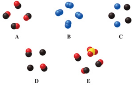 Which image(s)  in the figure represents a mixture of compounds?   A) image A B) images A and E C) image C D) image D E) image E