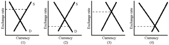 Figure 19-3   -Of the graphs in Figure 19-3,where the dotted line shows the actual exchange rate,which one shows a country with an overvalued currency and a balance of trade deficit? A)  1 B)  2 C)  3 D)  4