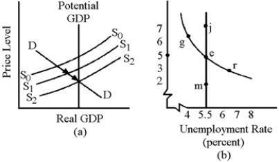 Figure 17-6   -The long-run Phillips curve in Figure 17-6 (b) would include which of the following points? A)  g,e,m B)  g,e,r C)  j,e,r D)  j,e,m