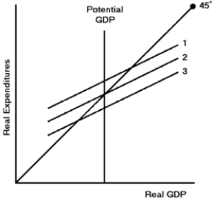 Figure 9-4   -In Figure 9-4,if the economy is in a recessionary gap,what must happen to reach potential GDP? A)  The expenditure level must fall and/or the price level must rise. B)  The expenditure level must rise and/or the price level must fall. C)  The expenditure level must rise and/or the price level must rise. D)  The expenditure level must fall and /or the price level must fall.