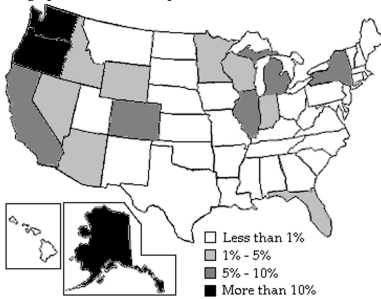 A newly formed political party has taken a poll in each state to determine voter support. Use the results summarized in the graphic to answer the question.     -Do there appear to be an significant regional differences?