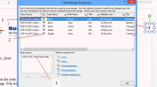   -In the accompanying figure,records that have check marks will be included in the mail merge.