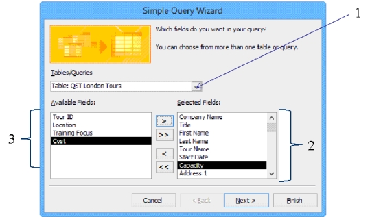   -In the accompanying figure,item 1 points to the ____. A)  list of available tables and queries that can be used in the query B)  list of selected fields that can be used in the query C)  list of available fields that can be used in the query D)  list of Word documents to choose from that will act as the form letter after the merge