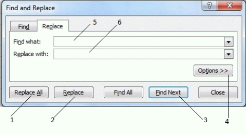   -In the accompanying figure,which item should you click to make sure your find and replace operation respected capitalization? A)  1 B)  2 C)  3 D)  4