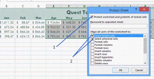   -In the accompanying figure,which item allows users to select worksheet cells? A)  1 B)  2 C)  Password text box D)  Format cells check box
