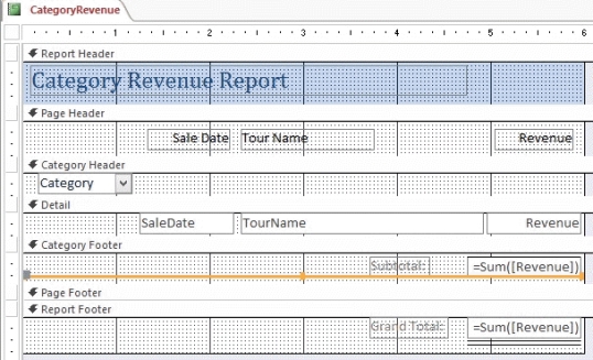   -Kelsey uses Access to track the sales by category for each tour.Referring to the accompanying figure,what is the name of the field she should use in an expression to total the sales?